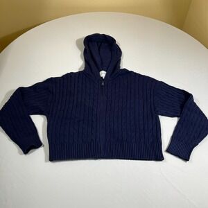 Pink Rose Navy Blue Cable Knit Full Zip Hoodie Sweater Women's Small Cropped